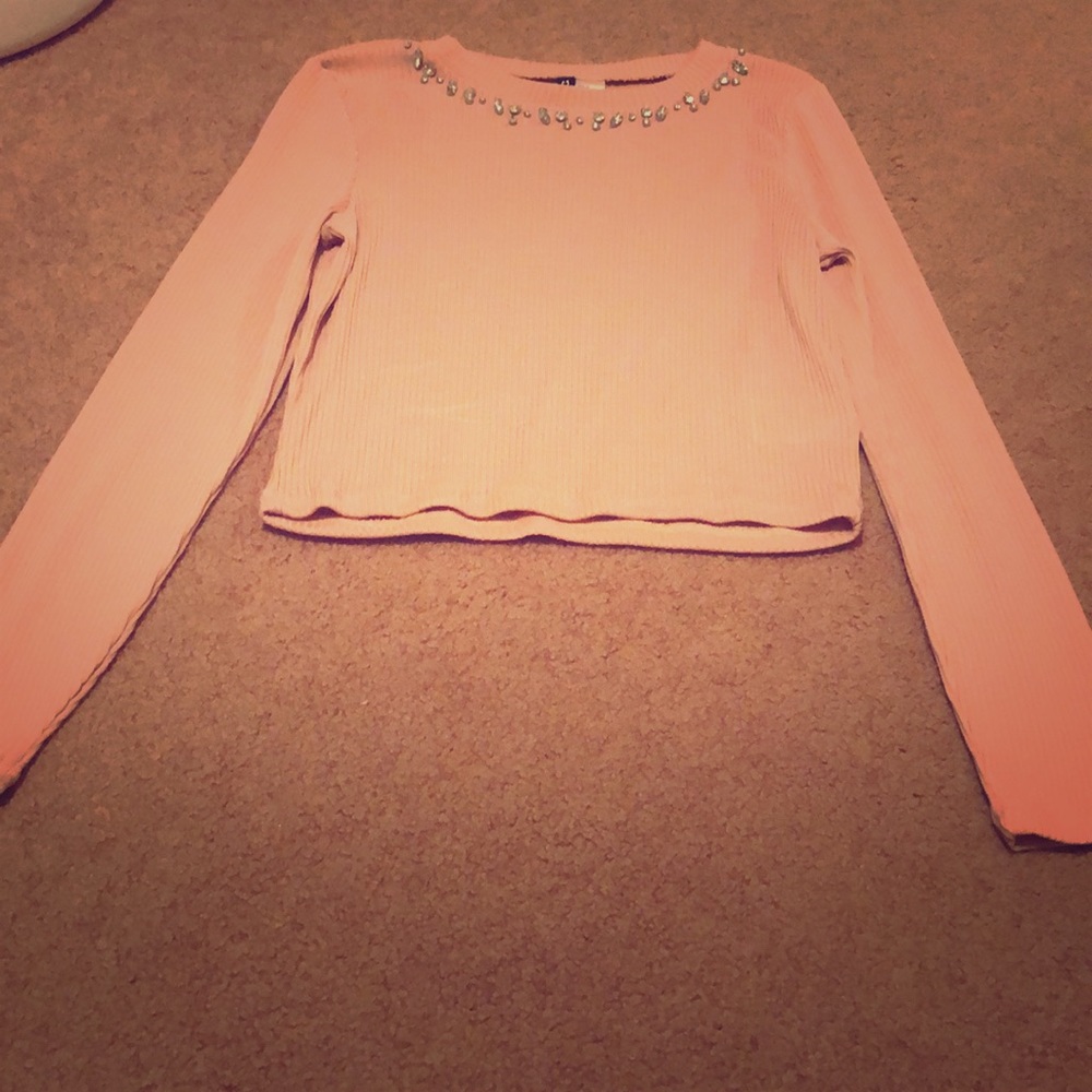 Pink long sleeve beaded crop top